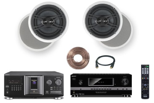 Sony 300-Disc Mega-Storage CD Changer / Player + Sony HD Digital Cinematic Sound 700 Watts 7.1 Channel 3D A/V Receiver + Yamaha Natural Sound Custom Install In-Ceiling 3-Way 100 watts 2 Speaker Set (Pair) with Dual Tweeters & 6-1/2 Woofer + 100ft 16 AWG S