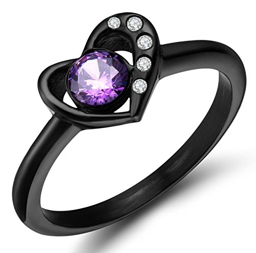 Elegant Thin Stainless Steel Black Heart Shape Purple Cz Wedding Ring for Women Size 5-10