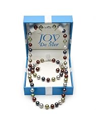 7-8mm Bright Multicolor Freshwater Pearl Wire-Wrapped Necklace, Bracelet, and Frenchwire Earring Set in Sterling Silver in Gift Box