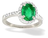 14K White Gold Genuine Oval Emerald and Diamond Ring