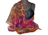 ArtisanStreet's Gold Chiffon Hand Painted Silk Wrap. Features Shades Of Bronze, Magenta And Metallic Gold. Signed By Artisan, Scarf Is One Of A Kind And Made To Order.