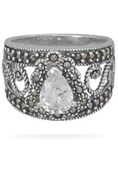 Sterling Silver Filigree Marcasite Ring With 9mm X 6mm Pear Shape Clear CZ - Size 9 - JewelryWeb