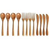 AKcook CFCJ003 Natural Wooden Flatware Sets, 12-piece Utensil Set with Knives Spoons Forks