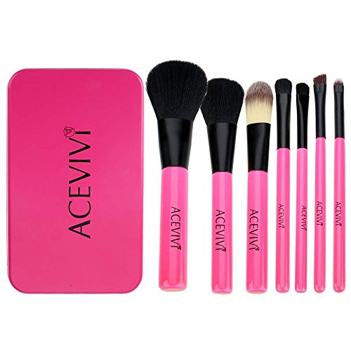 ACEVIVI Korea Style 7 pcs Lovely Pink Portable Cosmetic Brushes Tin Box Mini Travel Makeup Brushes