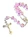 Silver Plated Necklace Rosary Crystal Pink Glass Beads & Jesus Pewter Crucifix and Jerusalem Cross