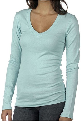Bella Ladies Sheer Rib Long Sleeve Longer Length V-Neck T Shirt. 8750