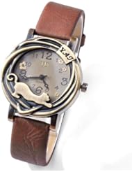Jovivi Fashion Womens Bronze Case Cat & Flower Quartz Analog Watch, Pu Band -- Coffee