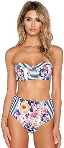 Hi Holiday Women's Vintage High Waist Floral Printed Striped Bikini Set Bathing Suit Swimwear