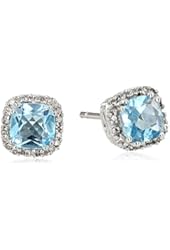 10k White Gold Blue Topaz and Diamond Cushion Earrings