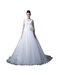 A-line Tulle Pleated Backless Lace-Up Sheer High-Neck Long Sleeves Wedding Dress  with a Court Train  With a Sash 