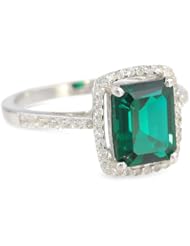 Sterling Silver Created Emerald and Created White Sapphire Octagon Ring