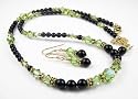 2 Piece Necklace and Earrings Set: August Peridot Swarovski Crystal Birthstone Beaded Necklaces with Black Pearls
