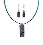 Dichroic Pendant and Earrings Set - XS-13 - Handmade Glass Hung on a 16 Stainless Steel Teal Colored Cord + 2 Extension Chain ~ 925 Sterling Silver - Exact Set