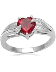 Sterling Silver Heart Created Ruby and Diamond Ring