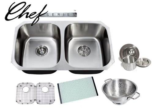 Chef Series 32 Inch Premium 16 Gauge Stainless Steel Undermount 50/50 Double Bowl Kitchen Sink with Free Accessories On Sale