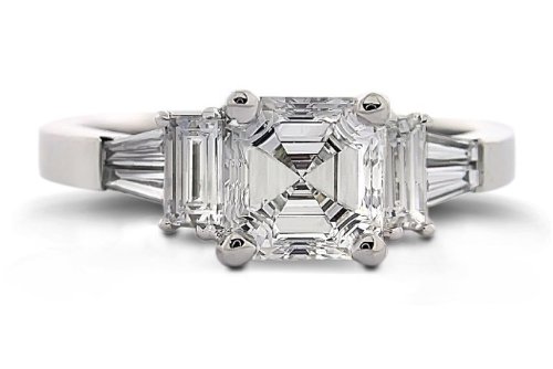 1.45 Ct Platinum Asscher Cut Diamond Ring (1.00 Ct UGL Certified Ctr Stone H/I SI1)