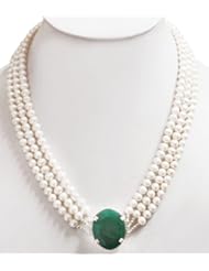 Natural Fresh Water Pearl Beautiful Handcrafted Beaded Necklace with 925 Sterling Silver Oval Emerald Clasp