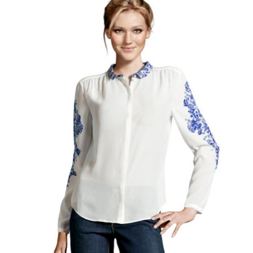 Zehui®  Retro Women Blue And White Porcelain Print Chiffon Tops Shirt Blouse
