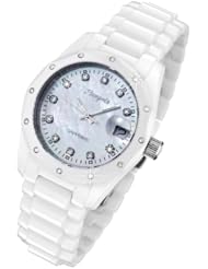 Rougois Womens White Ceramic Watch with 23 Genuine Diamonds and Mother of Pearl Dial