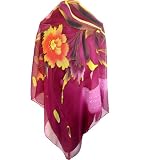 silkNOW Hand Painted Raspberry 100% Pure Silk Chiffon Georgette Scarf with Beautiful Multi Colored Floral Pattern