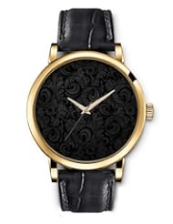 SPRAWL Aanalog Fashion Series Gold Ladies Watches of Genuine Black Leather Strap,Unique Wrist Watch for Women Girls Designed with Palace Flowers pattern