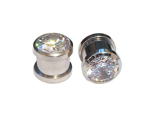 2g Ear Gauges - 1 Pair of 316L Stainless Screw Fit CZ Bling Tunnels Size 2g. Clear CZ Plugs.