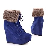 Damen Schuhe, STIEFELETTEN, PLATEAU ANKLE BOOTS KEIL WEDGES, KA-852, Synthetik in hochwertiger Wild Leder Optik, Blau, Gr 38