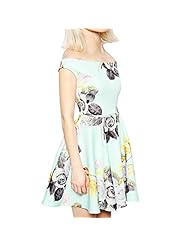 A-line Bateau Neck Polyester Empire   Waistline Pleated Lace Fit-and-Flare Cocktail Above the Knee Floral Print Off the Shoulder Party Dress 
