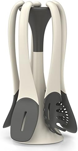 Modern 5 Pc. Kitchen Utensil Set with Magnetic Tabletop Stand to Keep Utensils Organized. Includes Ladle, Spatula, Skimmer, Spaghetti Server, Serving Spoon. FDA Approved.