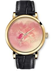SPRAWL Aanalog Fashion Series Gold Ladies Watches of Genuine Black Leather Strap,Unique Wrist Watch for Women Girls Designed with Charter a pink background