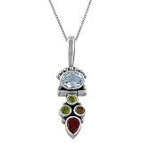 1.6 Carats Blue Topaz, Multi-Gemstone Sterling Silver Pendant With 18 Box Chain