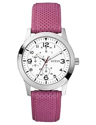 GUESS Womens W85085L3 Round Case Pink Leather Strap Watch