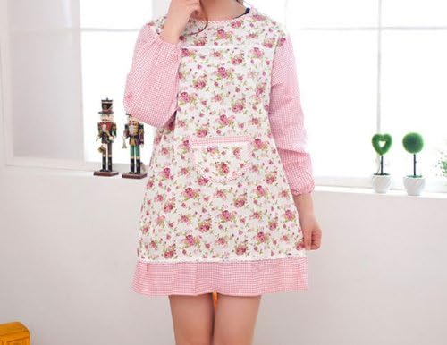 Ebuyingcity Pink Floral Fashion Long Sleeves Pastoral Style Antifouling Chef Housewife Home Cooking Cotton Apron Gowns Dress with Pockets