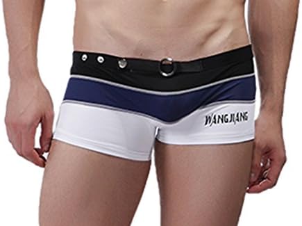 ByCang Men's Summer Stretch Buckle Swimwear Strips Swimming Trunks (DeepBlue Size M)