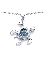 Original Star K (tm) Large 10mm Heart Shape Simulated Aquamarine Sea Turtle Pendant in 925 Sterling Silver
