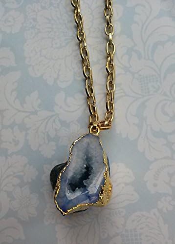 Blue Agate Geode Gemstone with Gold Accents on Gold Chain Necklace, Great Gift ,Unique One Of A Kind