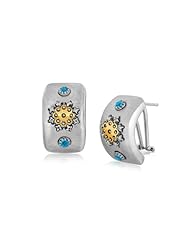 18K Yellow Gold and Sterling Silver Earrings with Diamonds and Blue Topaz
