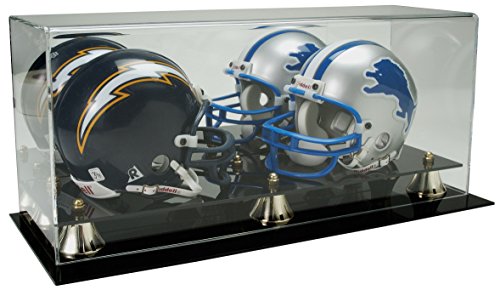 Deluxe Acrylic Double Mini Helmet Display Case w/ Mirror Back & Gold Risers