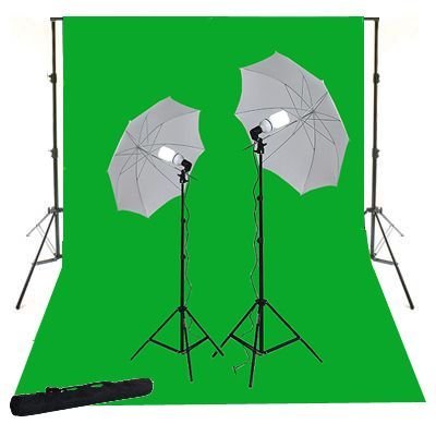 ePhoto K15+10x12G 10x12 Foot 800 watt Chromakey Green Screen Kit with Carrying Bag with 2 Light Stands with 32-Inch Umbrella and 105 Watt Bulbs and Support System