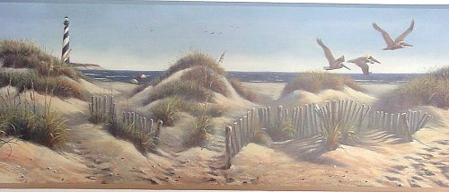 Pelicans & Lighthouse on Ocean Sandy Beach Wallpaper Border