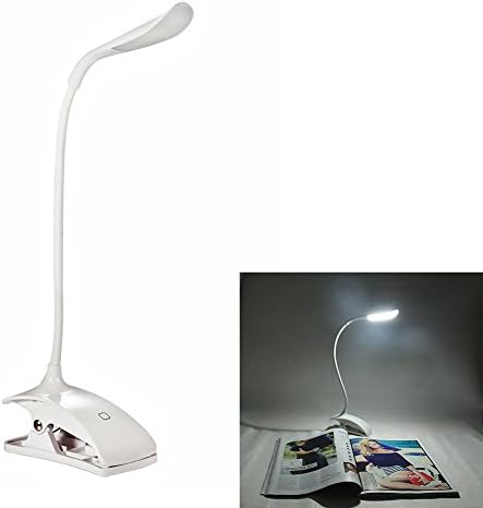Snkey 5W Dimmable LED Desk Lamp, Eye-Care Flexible Gooseneck Reading Light (Rechargeable Battery, 3-Level Dimmer, Touch-Sensitive Control Panel, Clip On Book Light ,White)