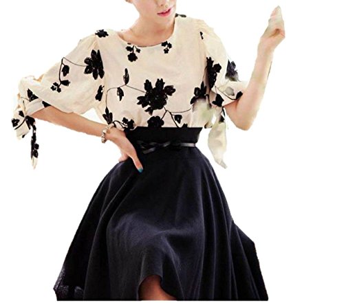 シャンディニー(Chandeny) エレガント ！ 刺繍 柄 リボン ブラウス トップス ＋ ベルト 付き シフォン ひざ丈 スカート 2点 セット / 大人 レディース ファッション 結婚式 パーティ 二次会 に ！/ ホワイト × ブラック / S M L XL 大きい サイズ あります!