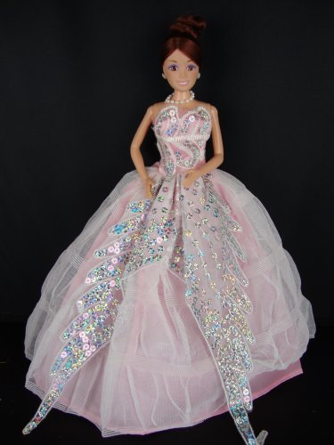 Pink Ball Gown with Lots of Silver Sequins Down the Front Made to Fit the Barbie Doll
