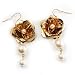 Faux Pearl Gold-Tone Rose Fashion Earrings