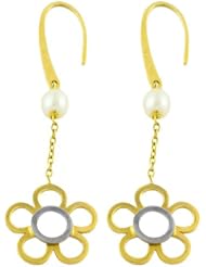 Freshwater Pearls 14 Karat Two-Tone Gold Flowers Dangle Earrings 2.5"