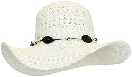 White Crochet Straw Floppy Brim Sun Hat w/ Leatherette Cord and Leaf Buttons