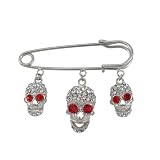 Chrome Safety Pin With Dangling Rhinestone Skull Charms