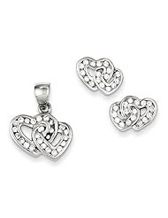 Sterling Silver Double Heart Cz Pendant & Earring Set, Best Quality Free Gift Box Satisfaction Guaranteed
