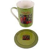 Chili Pepper Motif Green Porcelain mug and coaster set