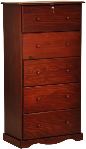 Chest of Drawers with 5 Super Jumbo Drawers, 32w x 60h x 17d, Mahogany, Lock & Key Included, 100% Solid Wood. Optional Metal Antique Brass Knob Sold Separately. REQUIRES ASSEMBLY.